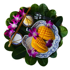 Sweet Mango Sticky Rice. Thai tradition dessert (Kwao Neaw Ma-Moung) fresh mango with coconut milk sauce. summer tropical asian fruit on plate and leaves decorated with orchid.