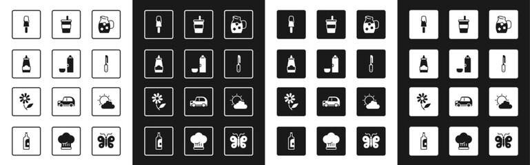 Set Jug glass with water, Thermos container, Sauce bottle, Ice cream, Knife, Paper, Sun and cloud weather and Flower icon. Vector