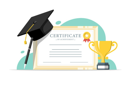 Success education concept, Certificate of achievement with graduation cap black, trophy, pen on isolated background, Digital marketing illustration.