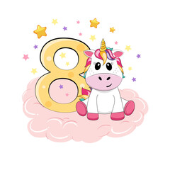 Vector illustration. 8 birthday party invitation with cute unicorn. Happy birthday 8 year old.