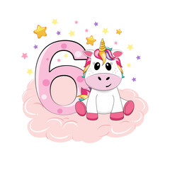 Obraz na płótnie Canvas Vector illustration. 6 birthday party invitation with cute unicorn. Happy birthday 6 year old.