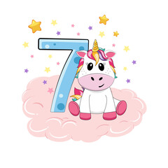 Vector illustration. 7 birthday party invitation with cute unicorn. Happy birthday 7 year old.