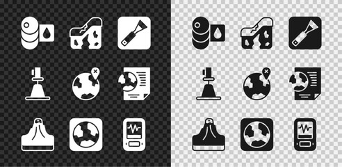 Set Barrel oil, Geological fault, Paint brush, Volcano, Earth globe, Seismograph, Tacheometer, theodolite and Location on icon. Vector