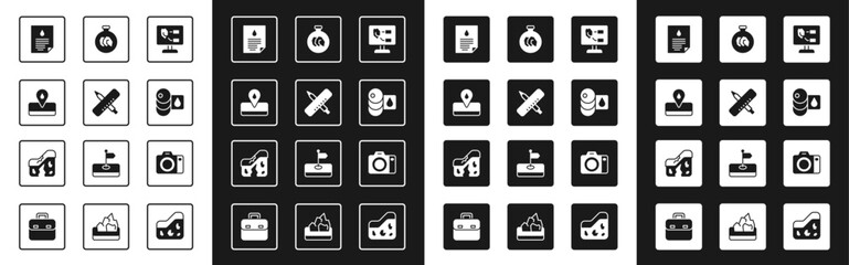 Set Soil analysis, Crossed ruler and pencil, Oilfield, drop document, Barrel, Exhibition with minerals, rocks, Photo camera and Geological fault icon. Vector