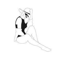 A beautiful girl sitting on the beach with hat and black swimsuit in out line style on white background