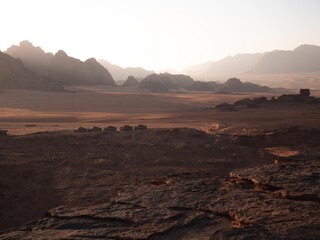 Wadi Rum desert with tourist beduin camp site. 