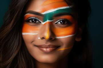 A woman with her face painted in the colors of india