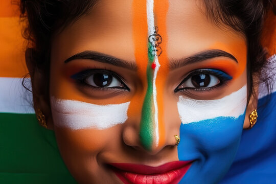 A woman with her face painted in the colors of the flag of india