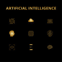 Set of Icons for Artificial Intelligence, Gold Gradient Effect