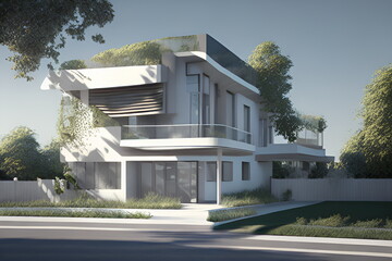 Fototapeta na wymiar 3D render of a modern house with a garden in the background