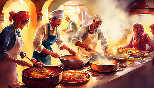 A heartwarming illustration portraying people from diverse cultures coming together in a cooking, celebrating culinary traditions, unity, and cultural exchange, generative ai