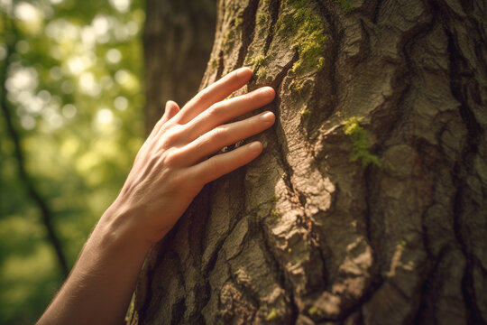 Hand hugs a tree trunk in the forest. Concept for protection against deforestation, climate change and pollution. Hand touches the bark of a tree in a green forest. Generative AI