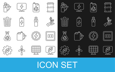 Set line Location with leaf, Electrical outlet, Plant in hand, Eco fuel canister, Battery, Trash, Recycling plastic bottle and Bottle of water icon. Vector