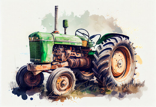 Fototapeta Farm tractor, isolated on white background. Watercolor style. AI generated.