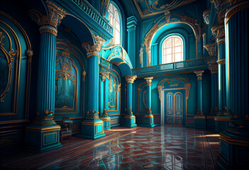 Photorealistic interior of a castle or palace decorated with turquoise malachite ornamental stone and gold. AI generative.