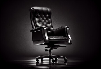 Office black leather chair armchair on a black background. AI generative.