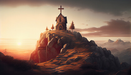 Cross, a chapel on top of a mountain in the rays of the setting sun. AI generative.