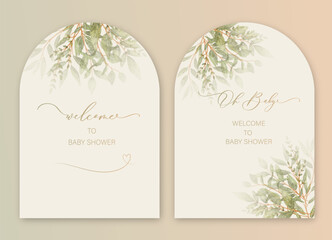 Baby Shower Arch Invitation card with calligraphy and green watercolor botanical leaves. Abstract floral art background vector design for wedding and vip cover template.