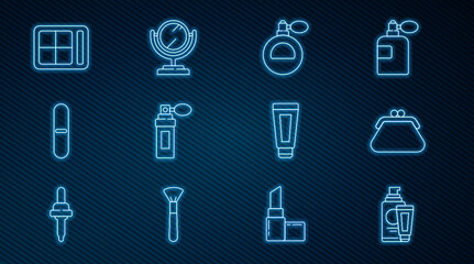 Set line Cream or lotion cosmetic tube, Clutch bag, Perfume, Nail file, Eye shadow palette, and Round makeup mirror icon. Vector