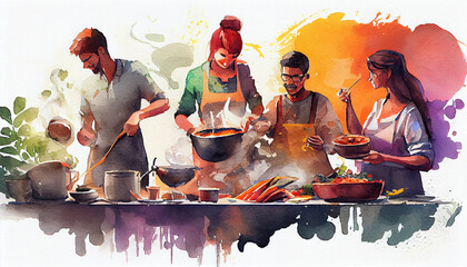 A heartwarming illustration portraying people from diverse cultures coming together in a cooking, celebrating culinary traditions, unity, and cultural exchange, generative ai