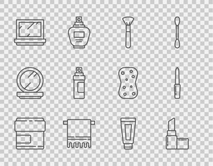 Set line Cream or lotion cosmetic tube, Lipstick, Makeup brush, Towel hanger, powder with mirror, Perfume, and Nail file icon. Vector