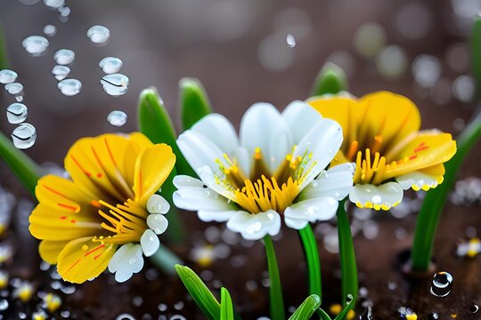 This image is a close-up of a flowers with water droplets on them. There are petals visible around the center of each flower. Nature and outdoor elements are present in this image. Generative AI.
