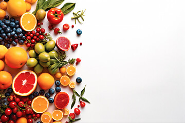 Naklejka na ściany i meble Fruits, vegetables, berries, herbs and spices composition with empty space. Vegetarian healthy food illustration made with Generative AI