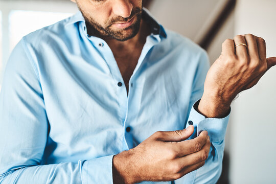 Closeup, Man And Button Cuff Of Shirt For Job Interview, Work And Corporate Fashion For Business. Hands, Arm And Male Person Getting Ready In Professional Clothes From Wardrobe In The Morning At Home