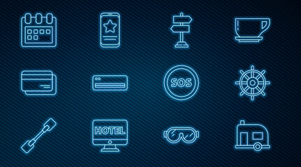 Set line Rv Camping trailer, Ship steering wheel, Road traffic sign, Air conditioner, Credit card, Calendar, Location with SOS and Mobile review rating icon. Vector