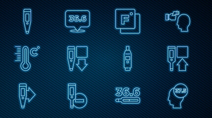 Set line High human body temperature, Digital thermometer, Fahrenheit, Meteorology, and Medical icon. Vector