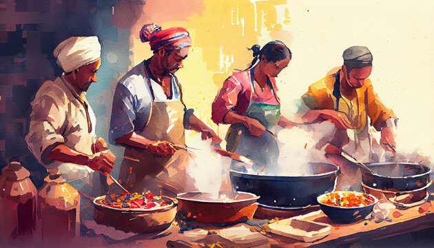 A heartwarming illustration portraying people from diverse cultures coming together in a cooking, celebrating culinary traditions, unity, and cultural exchange, generative ai