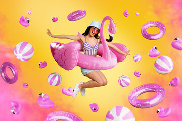 Creative artwork cyber magazine template collage of funky lady flying bird shape buoy water swimming simulation