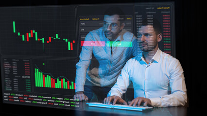 Two Caucasian bearded men are discussing stock charts on a virtual screen. HUD menu.