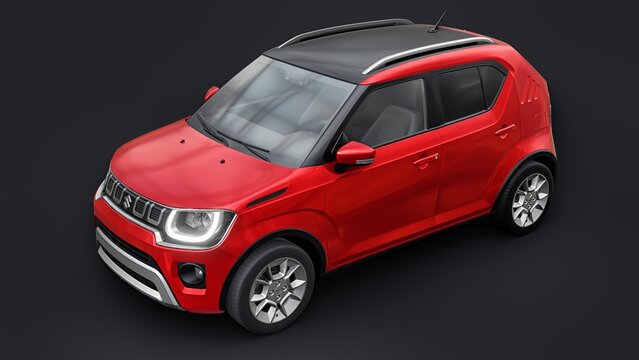Tokio. Japan. September 11, 2022. Red Suzuki Ignis 2022 on a black background. Ultra-compact cheap city car for densely populated areas and heavy traffic. 3d rendering.