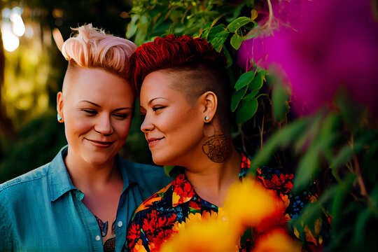 Two young women together, loving female couple, generative ai illustration