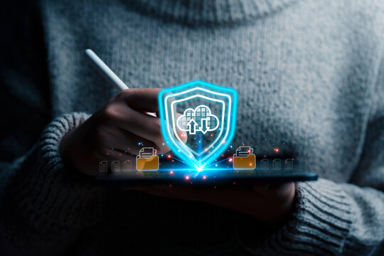 User protecting database information from dangerous of technology and cybernetics on cloud and internet , Cyber attack global internet network, Cyber security and customer privacy protection.