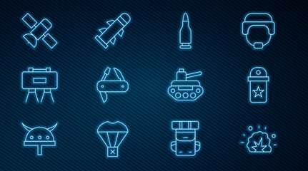 Set line Bomb explosion, Chevron, Bullet, Swiss army knife, Military mine, Satellite, tank and Rocket icon. Vector