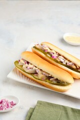 Dutch style sandwiches with pickled cucumber, herring, onion and mustard sauce in a bun on a white plate on a light concrete background.