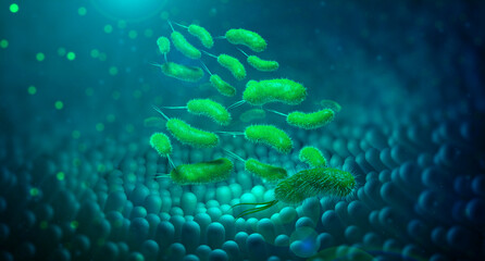 Gut microflora, bacteria, probiotics, health and science. 3D illustration biology and health care