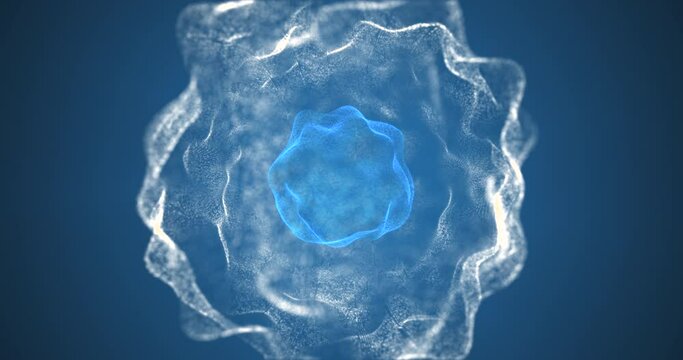 Abstract cosmic looping animation. A blue mutating ball inside a sphere of white matter on a blue background. 4k.