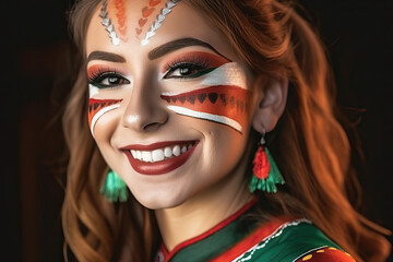 A woman with a painted face smiling