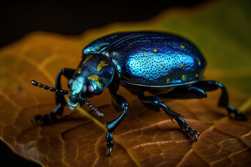 Image of a blue milkweed beetle on the leaf. Insect. Animals. Illustration. Generative AI.