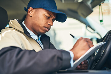 Delivery, courier van and black man with checklist for distribution, shipping logistics and transport. Ecommerce, online shopping and male worker writing on form to deliver package, order and product