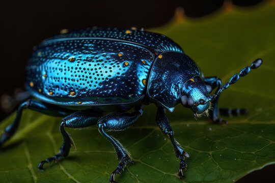 Image of a blue milkweed beetle on the leaf. Insect. Animals. Illustration. Generative AI.