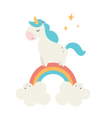 Magical unicorn on a rainbow. Cartoon style. Vector illustration. For card, posters, banners, children books, printing on the pack, printing on clothes, fabric, wallpaper, textile or dishes