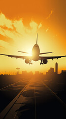 Fototapeta na wymiar Ai generated illustration view airplane takingoff in sunset