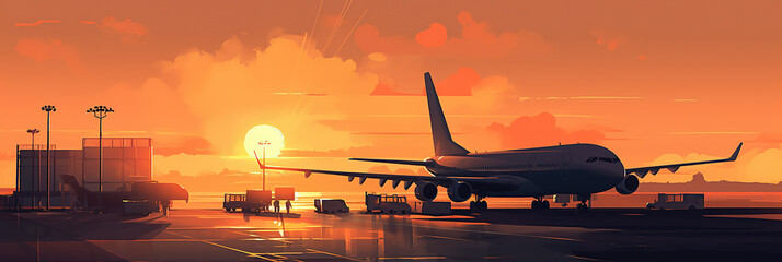 Ai generated illustration view airplane takingoff in sunset