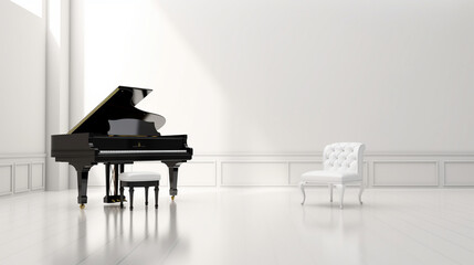 Minimalistic white room with grand piano, background