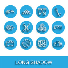 Set line Sun visor cap, Golf ball, course layout, Award over sports winner podium, Crossed golf club with, Glasses and icon. Vector