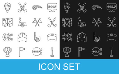 Set line Golf club, Sun visor cap, Crossed golf, ball, with, course layout, on tee and flag icon. Vector